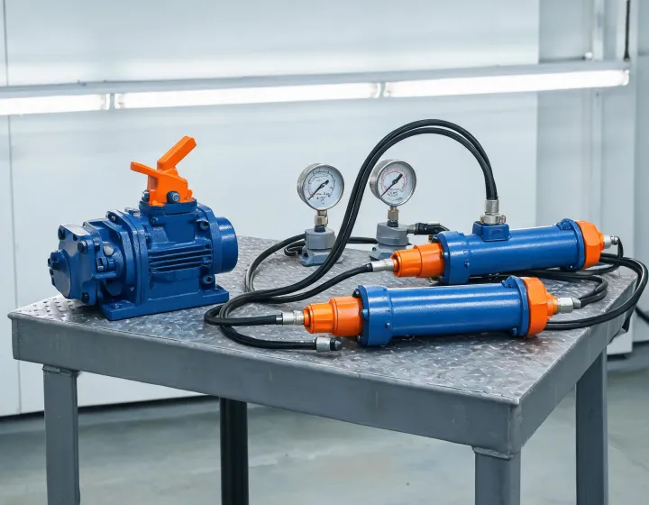 Power Team hydraulic pump and cylinders on industrial workbench